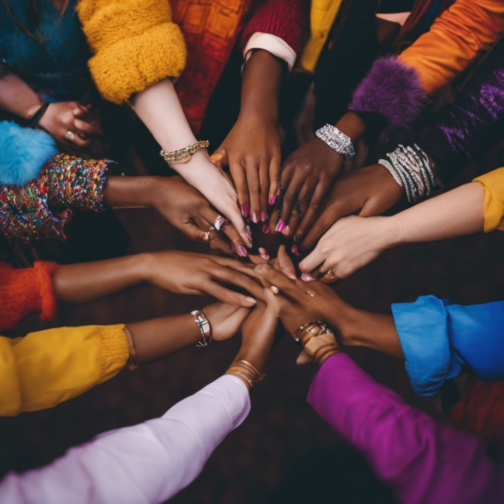 Hands of a diverse group joined together in a circle