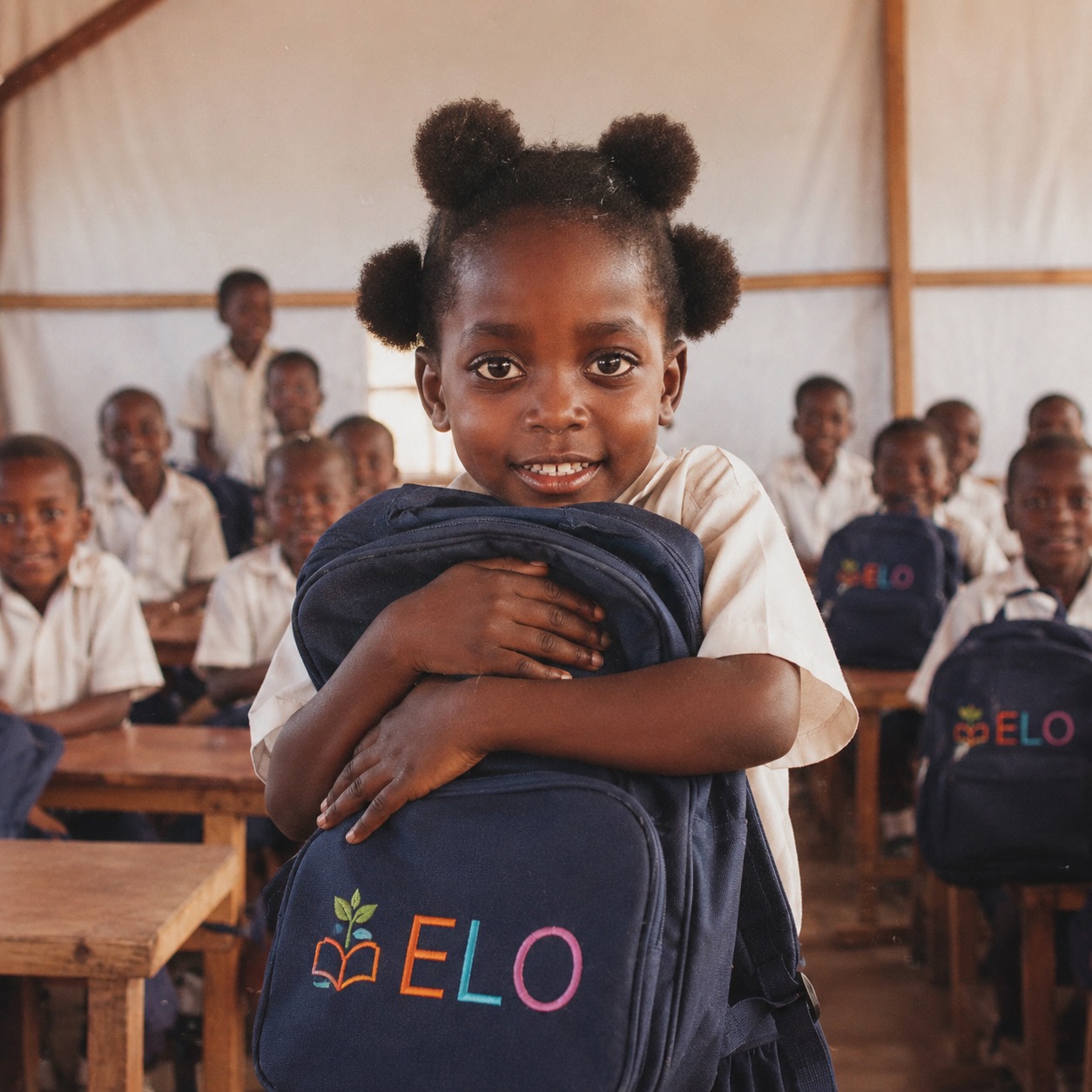 A young ELO student hugging her ELO-branded school backpack in class